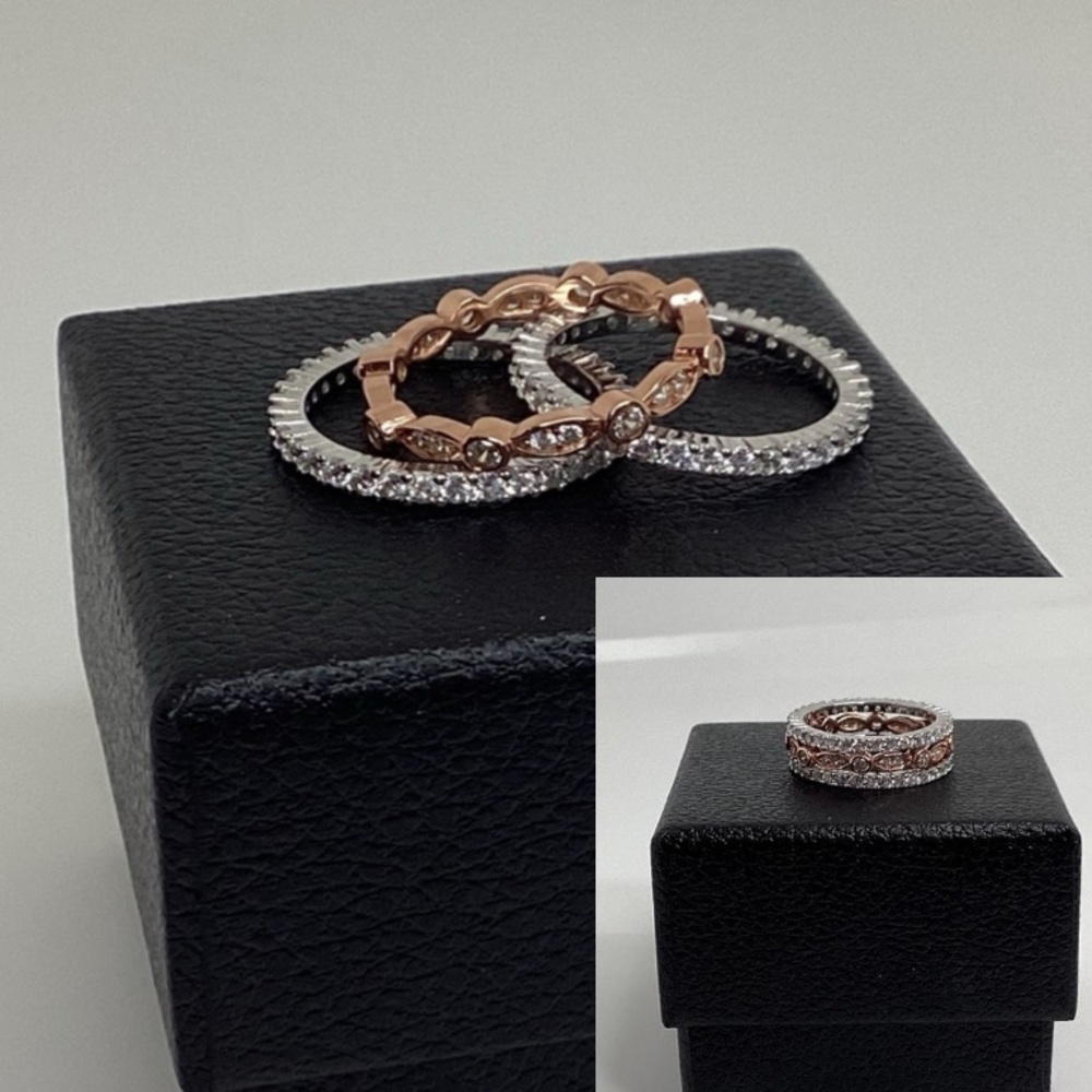 Sizes 4-10, 3 Pc Two Tone .925 Cz Eternity Band Ring Set - Picture 5 of 16